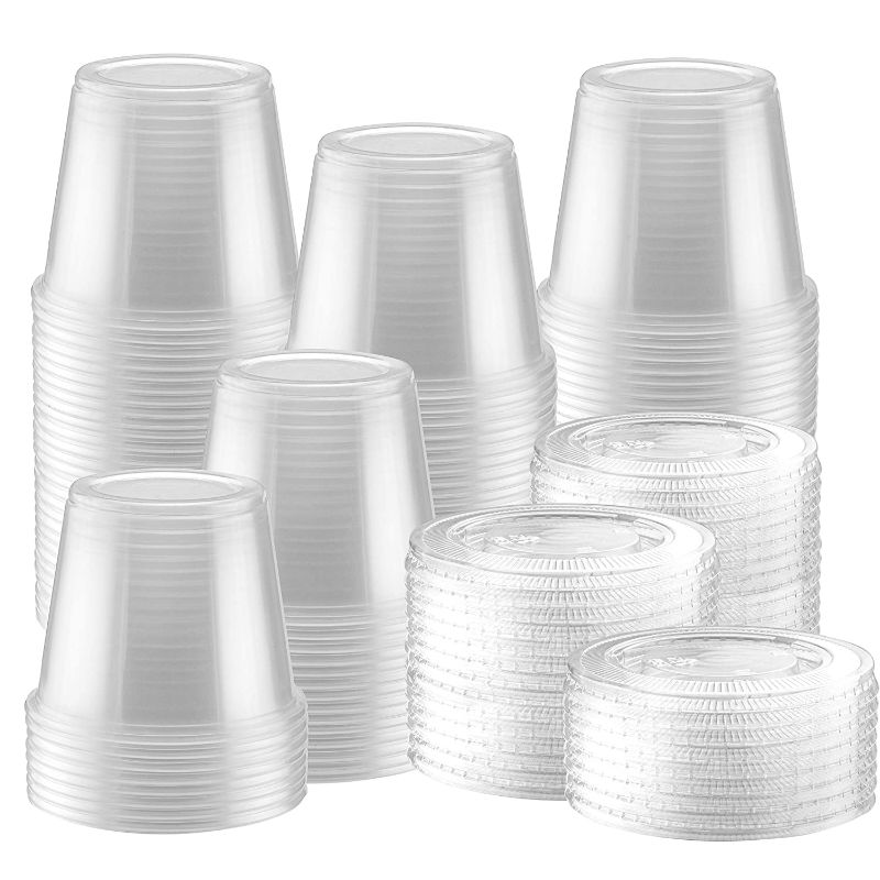 Photo 1 of 100-Pack of 5.5 Ounce Clear Plastic Jello Shot Cup Containers with Snap on Leak-Proof Lids –Jello Shooter Shot Cups -Compact Food Storage for Portion Control, 5 oz,Sauces, Liquid, Dips
