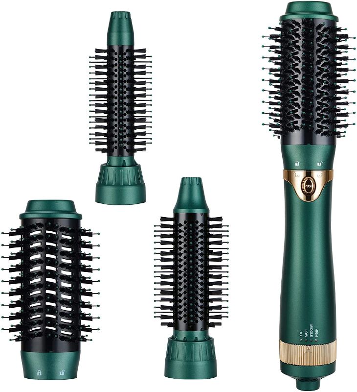 Photo 5 of Hot Air Brush, Hair Dryer Brush,Portable Interchangerable Hair Dryer & Volumizer,Ceramic Negative Ion Curling Straightening Dryer Brush 3 Brush Heads (Green)
