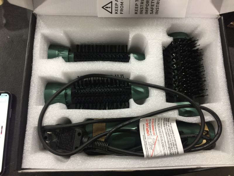 Photo 4 of Hot Air Brush, Hair Dryer Brush,Portable Interchangerable Hair Dryer & Volumizer,Ceramic Negative Ion Curling Straightening Dryer Brush 3 Brush Heads (Green)
