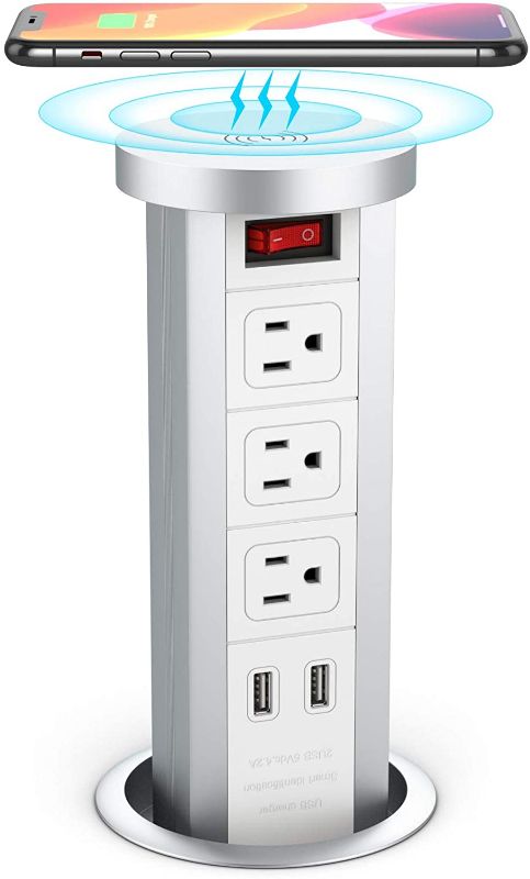 Photo 1 of BTU Pop Up Outlet, Surge Protector Power Strip with USB, Retractable Recessed Power Strip 3 AC Outlets, 2 USB Ports 2.4A Fast Charge, 10W Wireless Charger, Pop Out Outlets for Kitchen Counter Island
