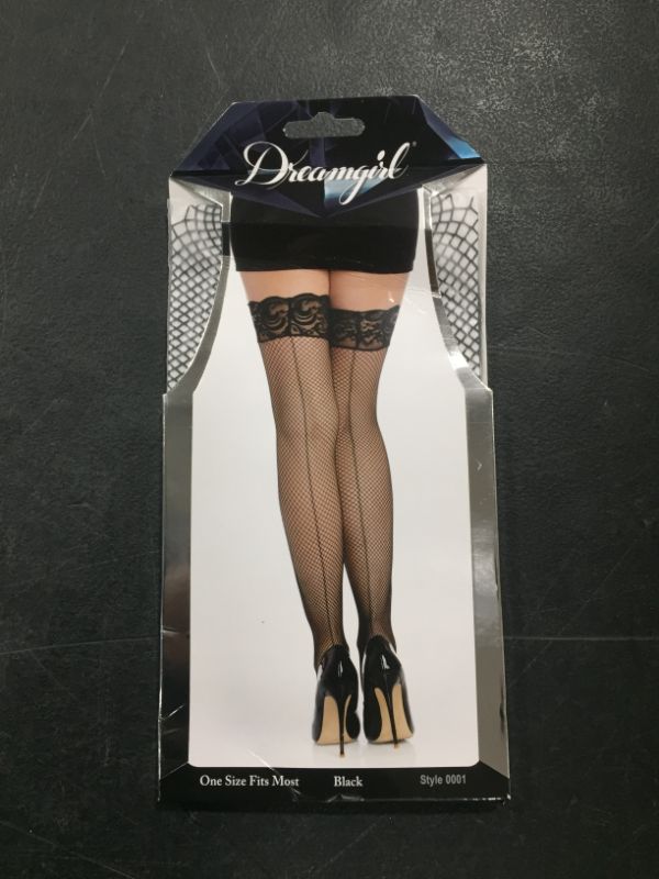 Photo 2 of Dreamgirl Women's Fishnet Thigh-High Stockings with Silicone Lace Top
