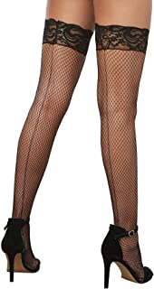 Photo 1 of Dreamgirl Women's Fishnet Thigh-High Stockings with Silicone Lace Top
