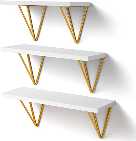 Photo 1 of AMADA HOMEFURNISHING White Floating Shelves - Wall Mounted Shelf with Triangle Golden Metal Brackets for Living Room, Bedroom, Kitchen Set of 3, AMFS12
