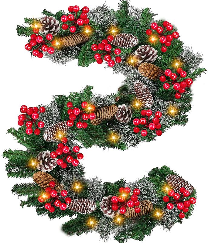 Photo 1 of 9 Ft by 10 Inch 100 LED Christmas Garland Battery Operated Lights Timer 8 Modes,Prelit Christmas Garland Greenery Outdoor Lighted Pine Garland,Mantle Garland Xmas Holiday Indoor(Warm White)
