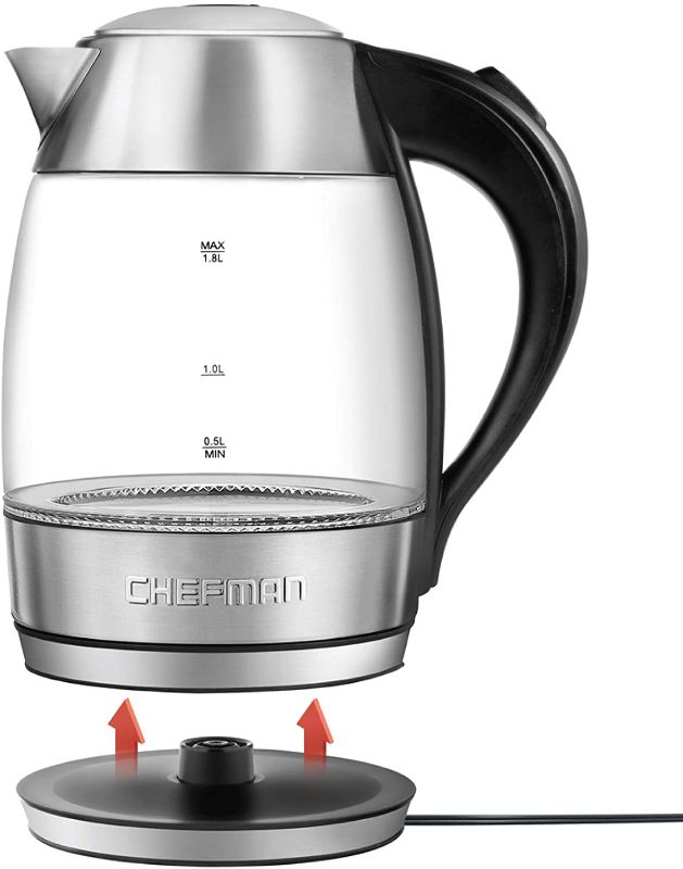 Photo 1 of Chefman Electric Glass Kettle, Fast Boiling W/ LED Lights, Auto Shutoff & Boil Dry Protection, Cordless Pouring, BPA Free, Removable Tea Infuser, 1.8 Liters
