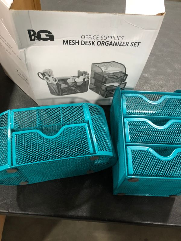 Photo 2 of PAG Office Supplies Mesh Desk Organizer Set Accessories Storage Caddy Pen Holder for Desk, Blue
