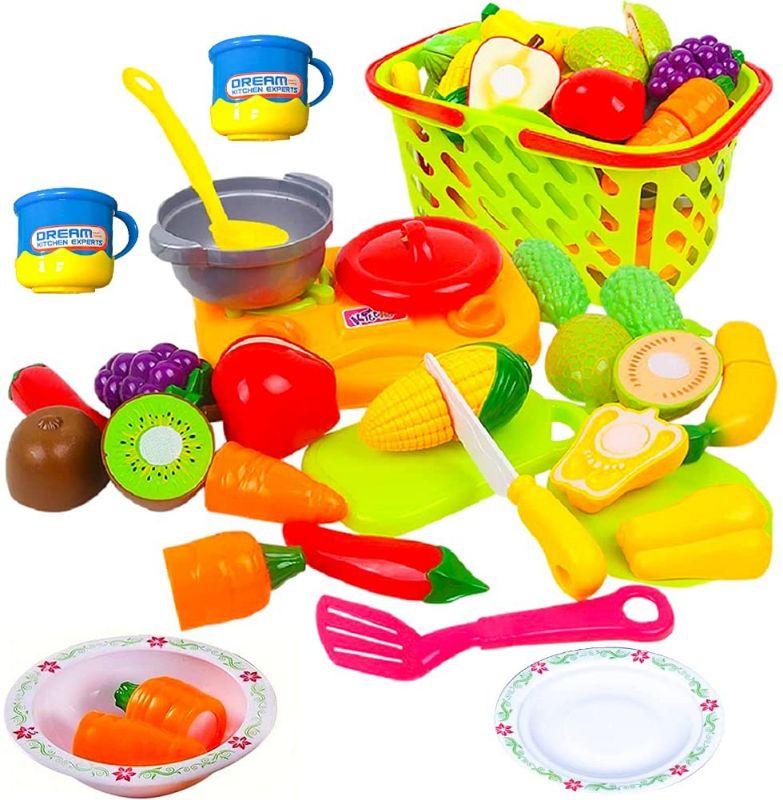 Photo 1 of FUNERICA Cuttable Play Fruits and Veggies with Grocery Shopping Basket, Mini Cooking Top, Pot, Dishes, and Utensils - Kids Pretend Kitchen Cooking Toy Set with Cutting Play Food Fruits & Vegetables
