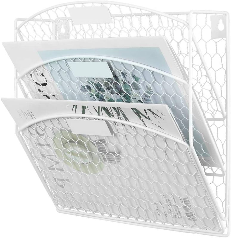 Photo 1 of EasyPAG 3 Tier Wall File Holder Hanging Mail Organizer Metal Chicken Wire Wall Mounted Document Magazine Rack for Home and Office,White
