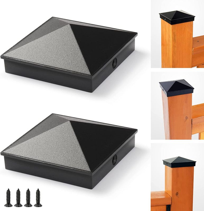 Photo 1 of 3.5"x3.5" Aluminum Pyramid Fence Post Cap with High Temperature Powder Coating, for Decks Wooden Posts, Fences, Lamp Posts, Mailboxes (2 Pack-Black)
