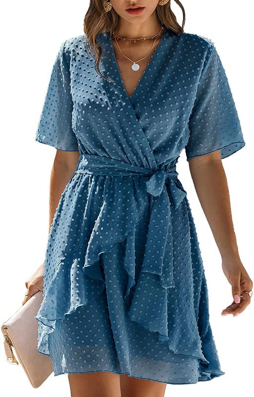 Photo 1 of BTFBM Women Fashion Faux Wrap Swiss Dot V-Neck Short Sleeve High Waist A-Line Ruffle Hem Plain Belt Short Dress Medium
