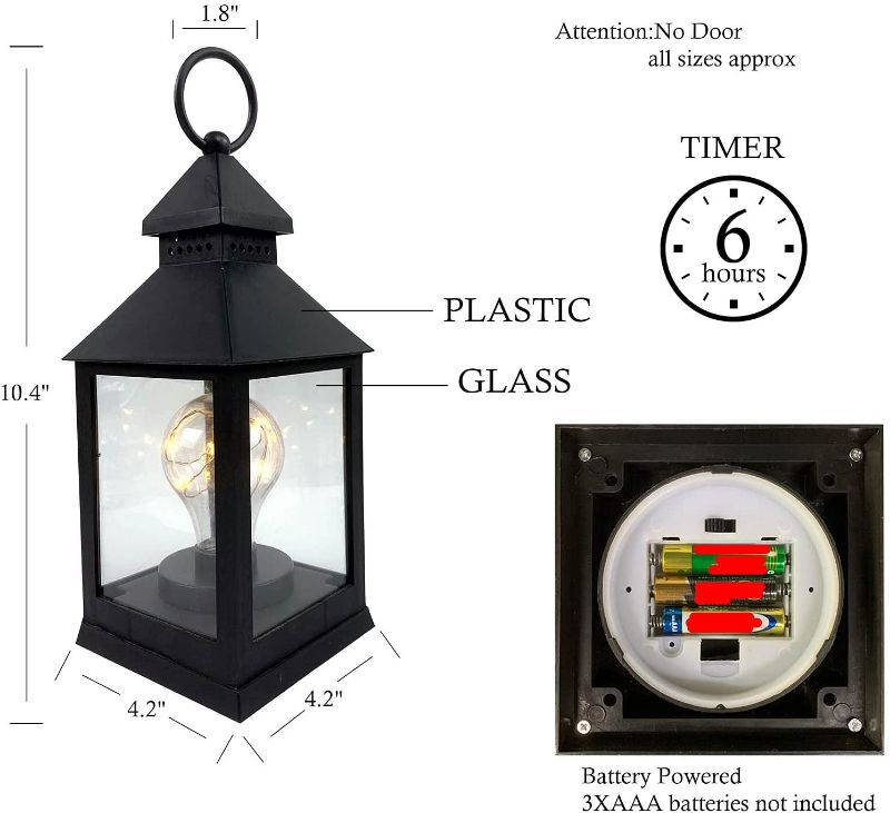 Photo 1 of 10.4”H Decorative Plastic Black Lantern with 6Hours Timer and Traditional Bulb Inside Using Battery for Indoor and Outdoor Hanging Lantern Decor for Home Party 
