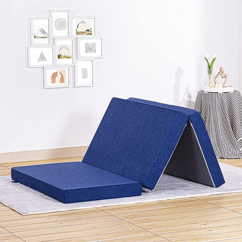 Photo 1 of JINGWEI Folding Mattress, Tri-fold Memory Foam Mattress Topper with Washable Cover, 6-Inch, Full Size,Play Mat, Foldable Bed, Guest beds, Camp Portable Bed, Blue