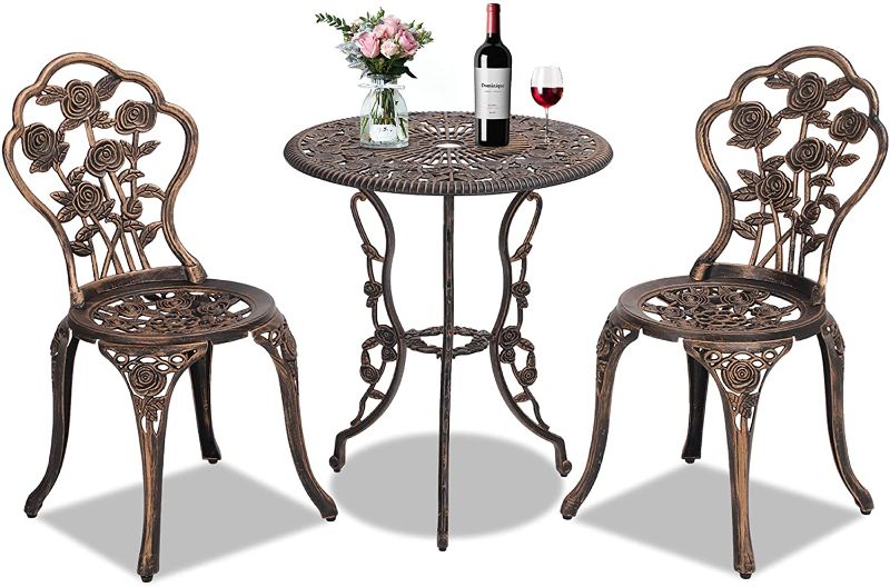 Photo 1 of  Patio Bistro Table Set,3 Piece Outdoor Rust-Resistant Cast Aluminum Table and Chairs for Porch,Lawn,Garden,Backyard,Flower Back 