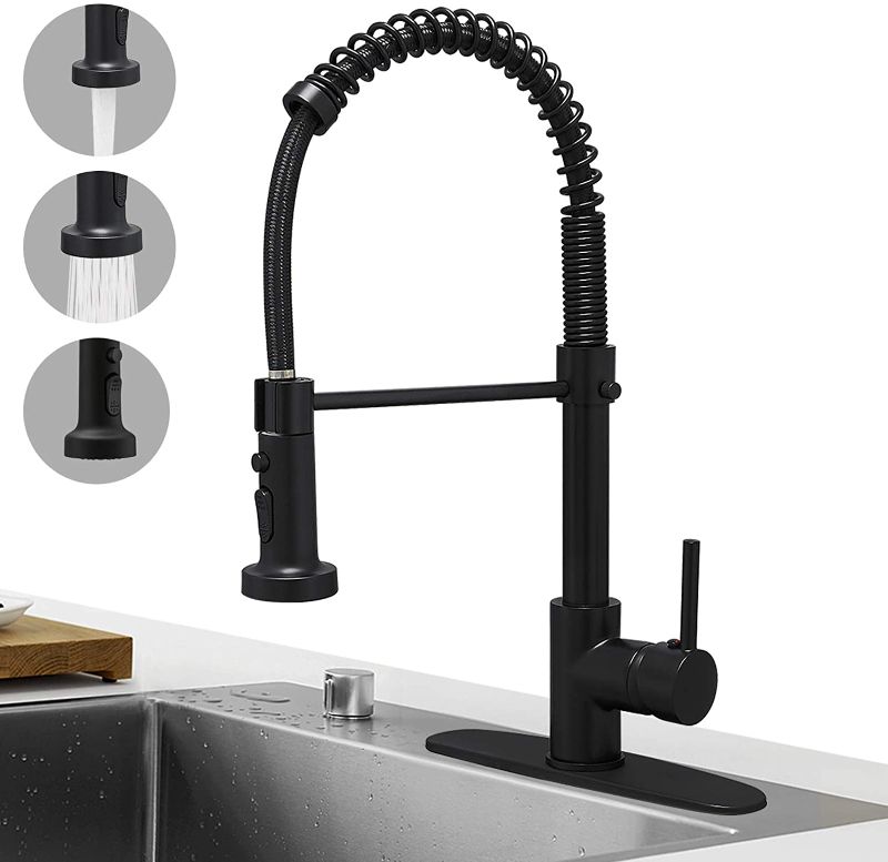 Photo 1 of  Matte Black Spring Kitchen Faucet with Pull Down Sprayer