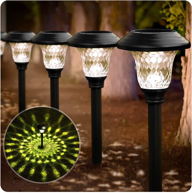 Photo 1 of BEAU JARDIN 8 Pack Solar Pathway Lights Supper Bright UP to 12 Hrs Outdoor Garden Stake Glass Stainless Steel IP65 Waterproof Auto On/Off Powered Landscape Lighting for Yard Patio Walkway Black
