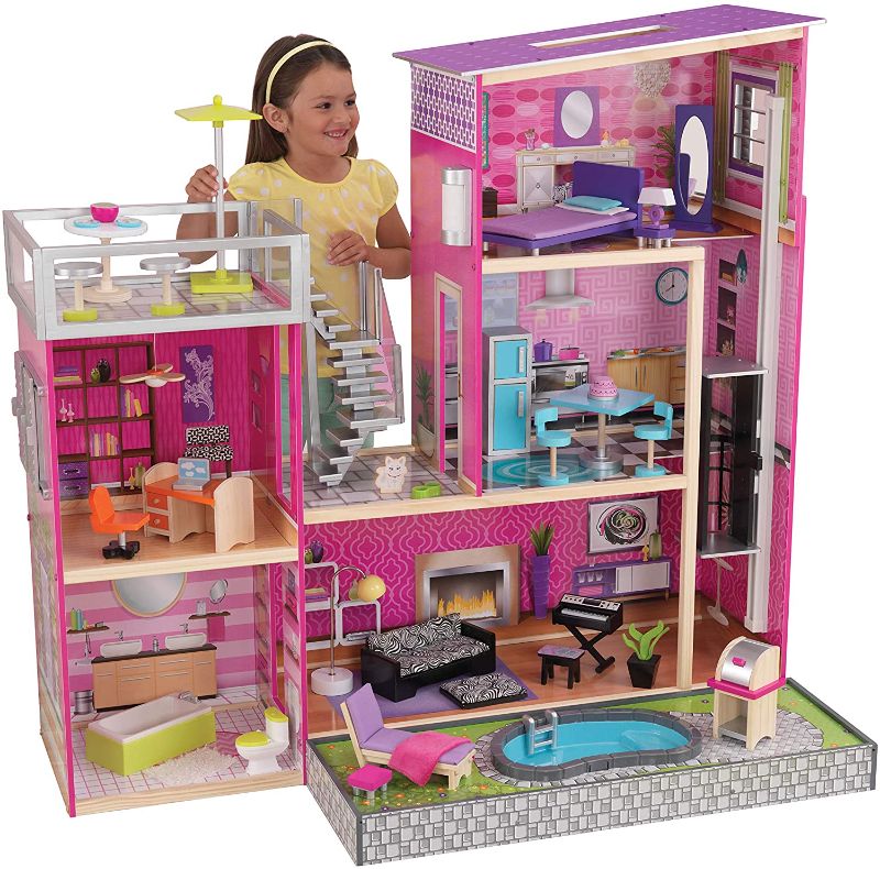 Photo 1 of KidKraft Uptown Wooden Modern Dollhouse with Lights & Sounds, Pool and 36 Accessories, 49.25" x 25.25" x 46.25"
