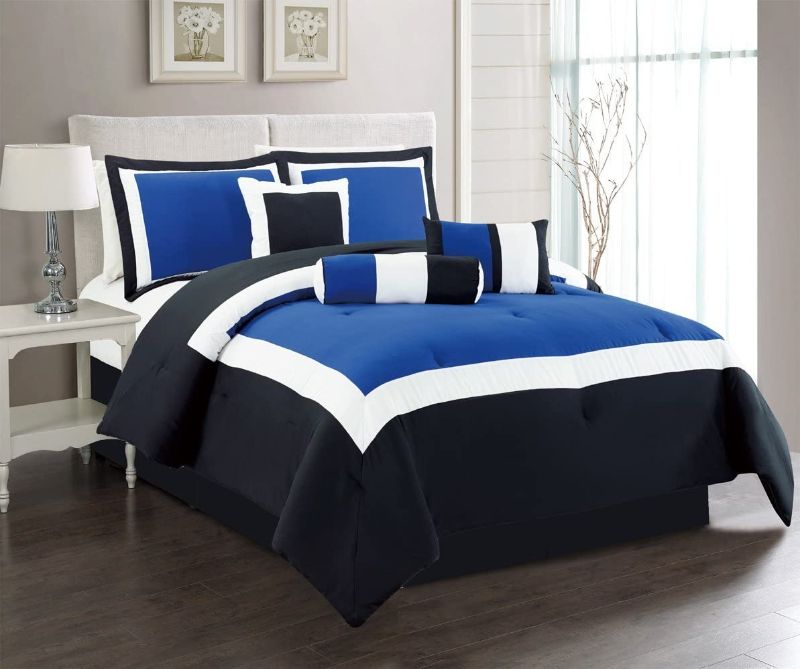 Photo 1 of 4pc Oversize Navy Blue/Black/White Color Block Emma Comforter Set 106" X 94" California King Size Bedding (includes, 1 Bed skirt, 2 King Pillow shams, 1 Comforter)