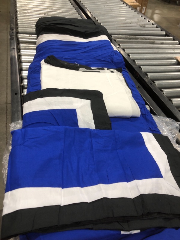Photo 2 of 4pc Oversize Navy Blue/Black/White Color Block Emma Comforter Set 106" X 94" California King Size Bedding (includes, 1 Bed skirt, 2 King Pillow shams, 1 Comforter)
