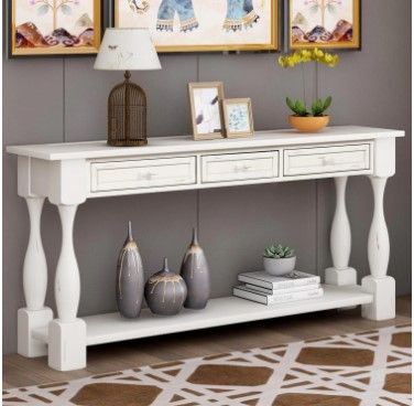 Photo 1 of 65 in. White Standard Rectangle Wood Console Table with Drawers
