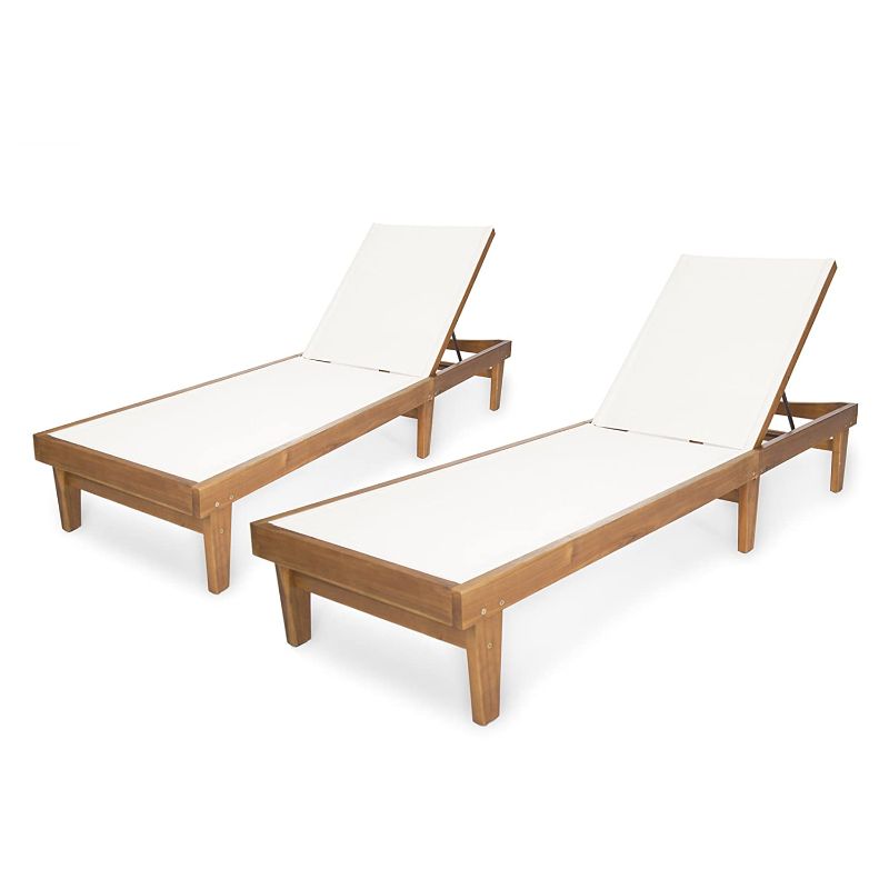 Photo 1 of Christopher Knight Home 304497 Shiny Outdoor Wood Chaise Lounge (Just 1), Teak Finish/White Mesh
