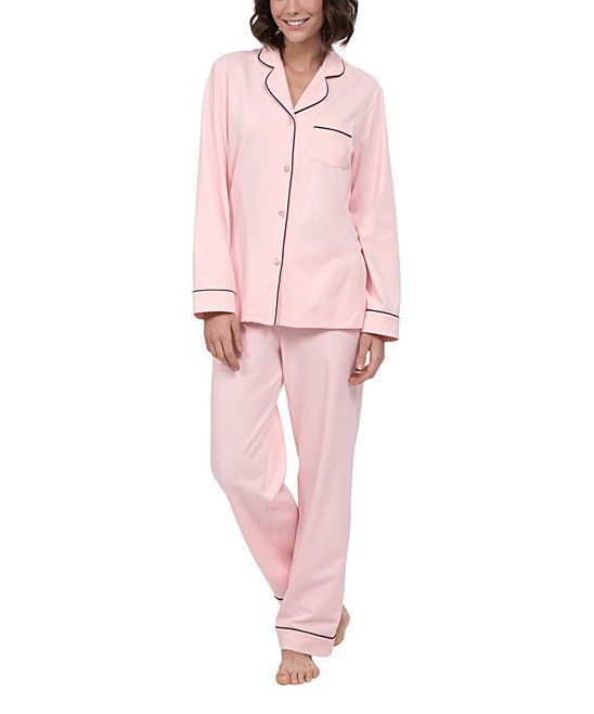 Photo 1 of  Light Pink & Black Trim Button-Front Pajama Set (SM)
