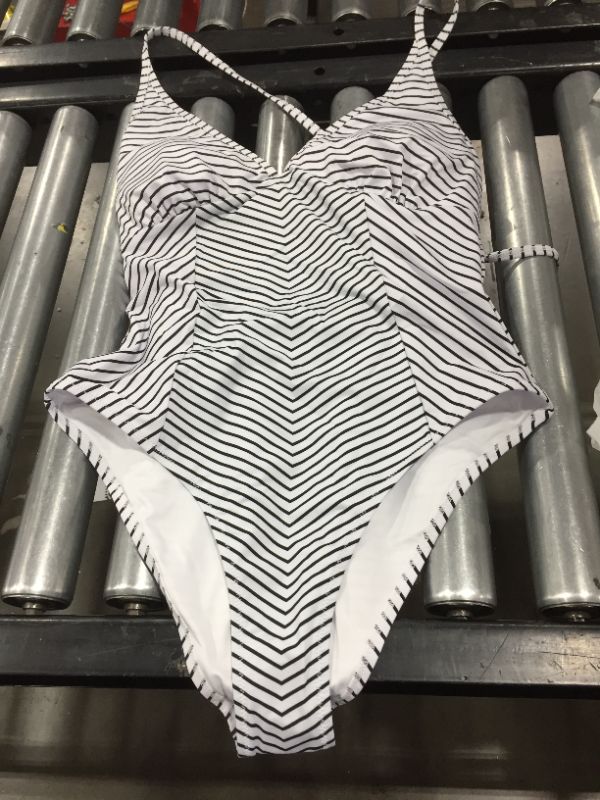 Photo 2 of Black And White Stripe V-Neck One Piece Swimsuit
