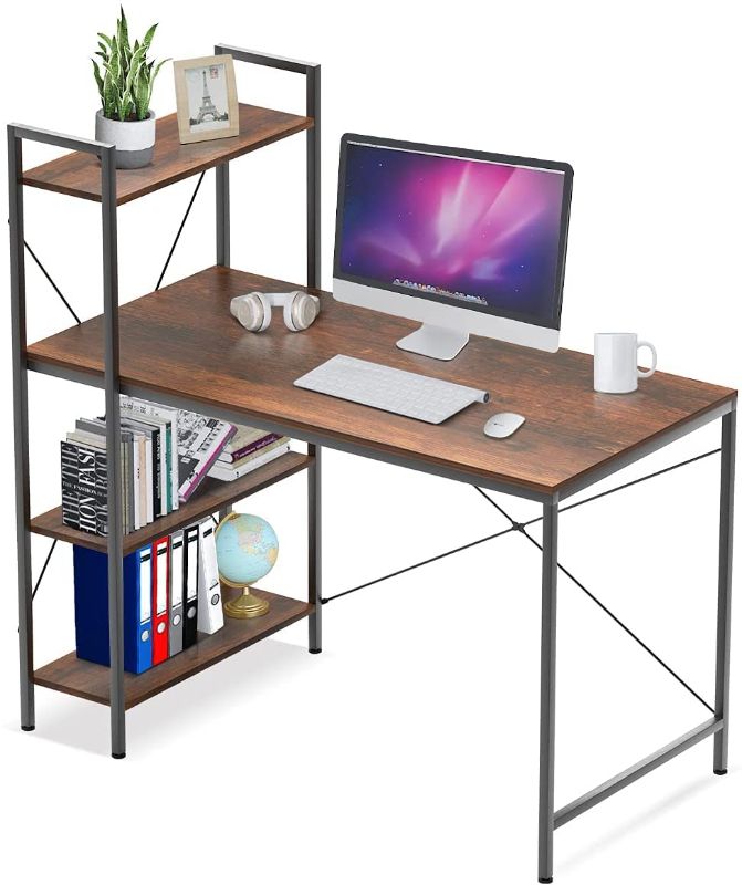 Photo 1 of 47 Inch Computer Desk with Storage Shelves, Home Office Desk with 4-Tier Reversible Bookshelf, Study Writing Table PC Desk Workstation with Tower Shelf, Light Brown