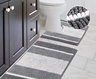 Photo 1 of H.VERSAILTEX Bath Rug Set 2 Piece for Bathroom Non Slip Thick Chenille Bath Rugs Contour and Rectangle, Water Absorbent Microfiber Striped Pattern Shag Mats