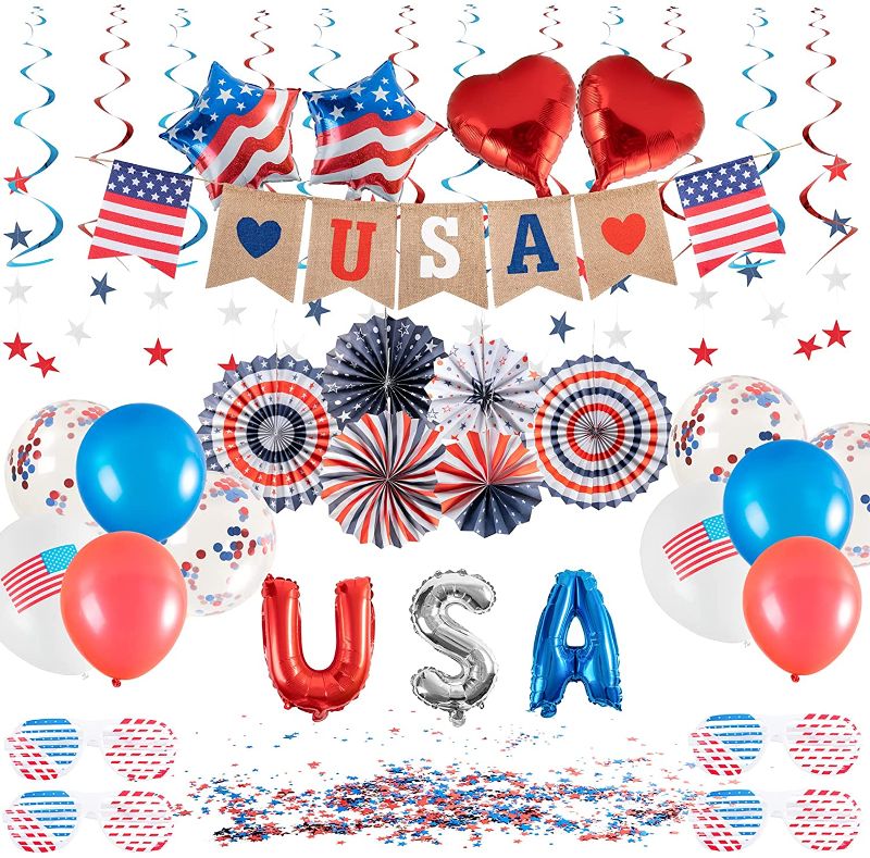 Photo 1 of 4th of July Decor Patriotic Day Party Decorations - 82 Pcs American Flag Party Supplies, Included Balloons, Banner, Hanging Swirls, Paper Fans, Star Confetti for 4th July Independence Day Decoration
