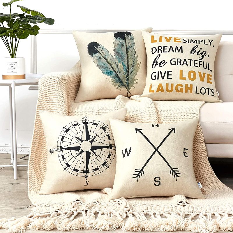 Photo 1 of Anickal Decorative Pillow Covers 18x18 Inch Set of 4 Linen Compass Arrow Feather Live Love Laugh Quote Couch Throw Pillow Covers for Modern Farmhouse Decor