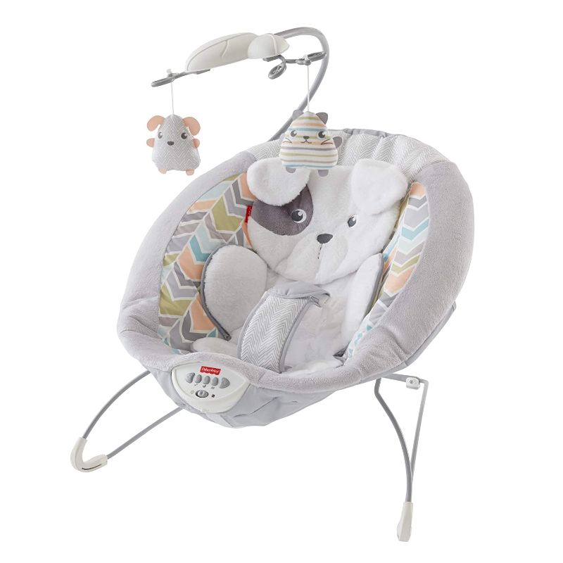 Photo 1 of Fisher-Price Sweet Snugapuppy Deluxe Bouncer, Portable Bouncing Baby Seat with Overhead Mobile, Music, and Calming Vibrations