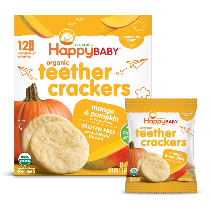 Photo 1 of Happy Baby Organic Teether Crackers Gluten Free Mango & Pumpkin 0.14 Oz Each /6Boxes  Pack of 12 per box
