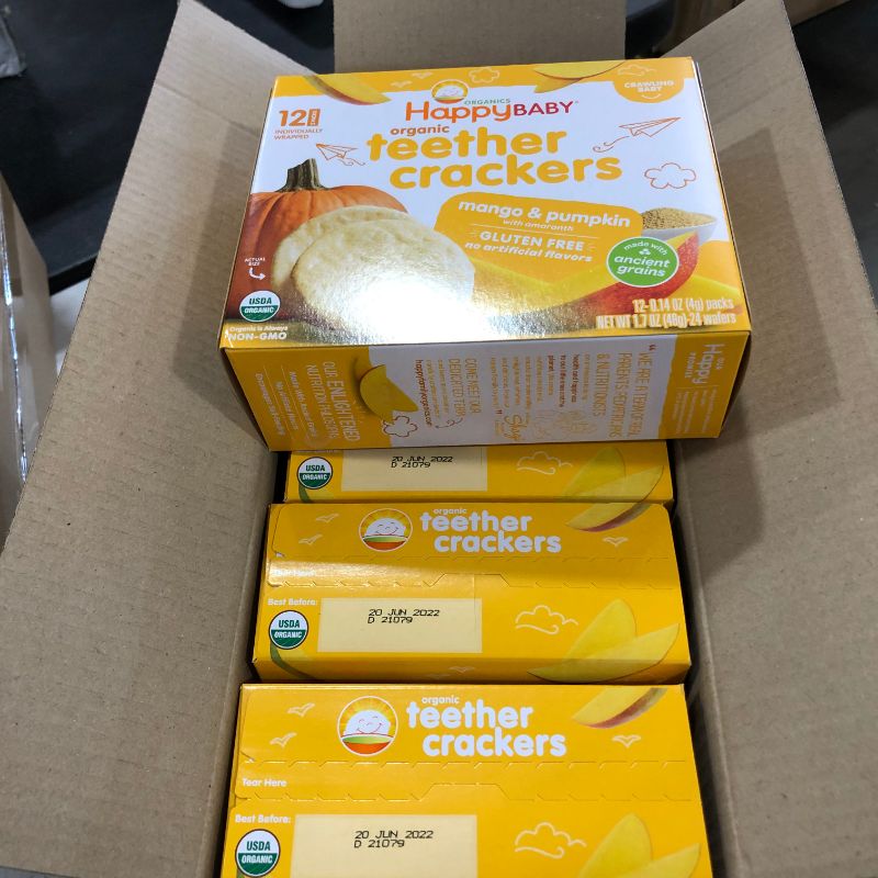 Photo 2 of Happy Baby Organic Teether Crackers Gluten Free Mango & Pumpkin 0.14 Oz Each /6Boxes  Pack of 12 per box
