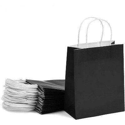 Photo 1 of 25 pcs 8"x3.9"x10" Black Kraft Paper Gift Bags, Party Favor, Shopping Bags with Handles 4 PACK 
