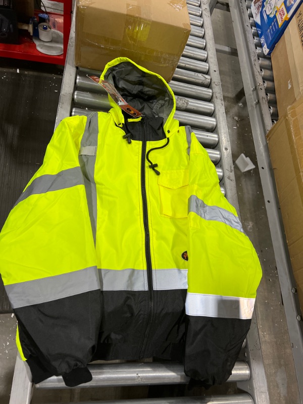 Photo 1 of Pioneer High Visibility Safety Bomber Jacket for Rain - Hi Vis, Waterproof, Reflective, ANSI Class 3, Work Coat with Detachable Hood, Men, Yellow/Black SIZE L