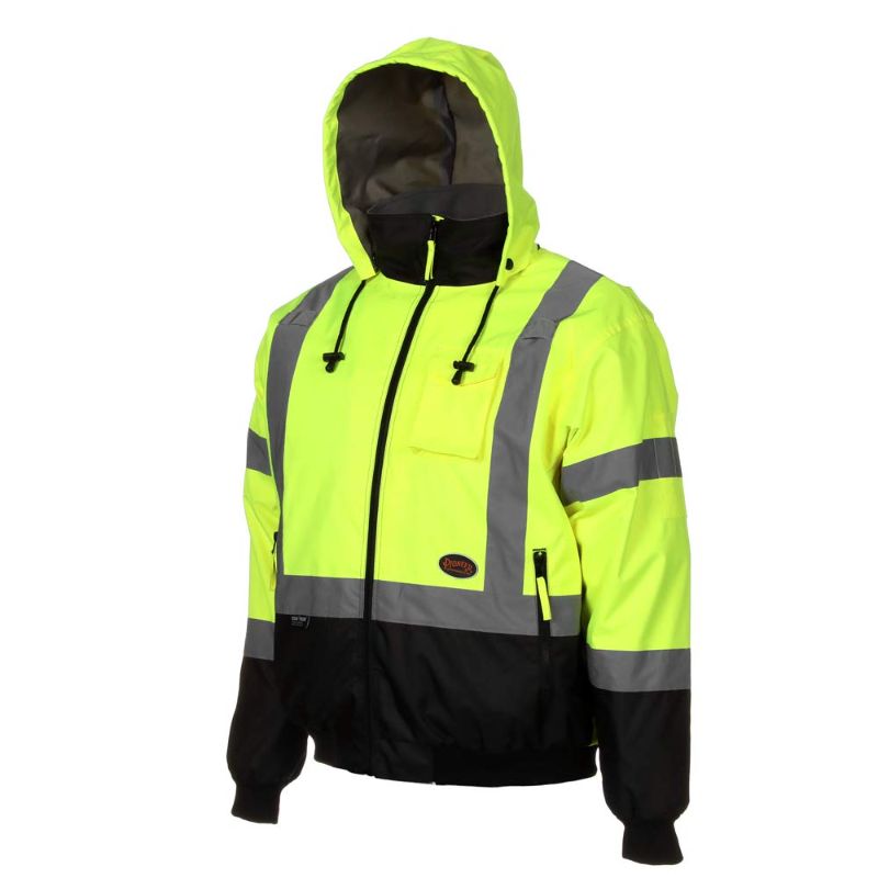 Photo 1 of Pioneer High Visibility Safety Bomber Jacket for Rain - Hi Vis, Waterproof, Reflective, ANSI Class 3, Work Coat with Detachable Hood, Men, Yellow/Black SIZE L