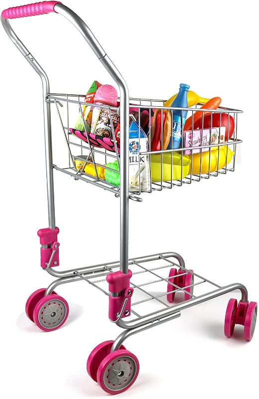 Photo 1 of Precious Toys Kids Shopping Cart with Food, Play Grocery Cart with 23 Pieces, Fits 18 inch Baby Dolls, Smooth Rolling Wheels, Folds for Easy Storage