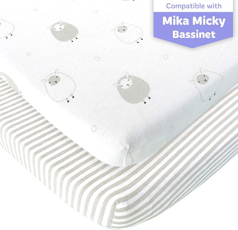 Photo 1 of Bassinet Fitted Sheets Compatible with Mika Micky Bedside Sleeper – Snuggly Soft Jersey Cotton – Fits Perfectly on 19 x 32 Inch Bed Side Sleeper Mattress Pad – Grey Stripes, Sheep – 2 Pack
