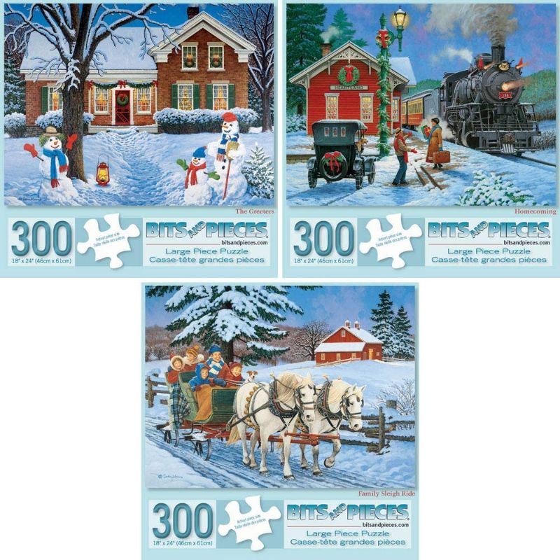 Photo 1 of Bits and Pieces - Value Set of Three (3) 300 Piece Jigsaw Puzzles for Adults - Each Puzzle Measures 18" X 24" - 300 pc The Greeters, Homecoming, Winter Christmas Puzzle Jigsaws by Artist John Sloane
