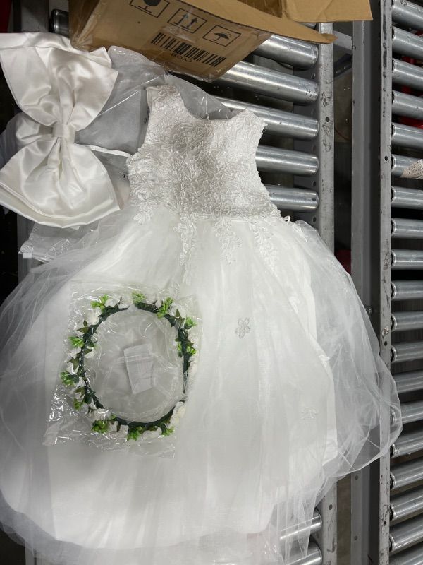 Photo 1 of A-Line Tea-length Flower Girl Dress - Satin/Tulle Sleeveless Scoop Neck With Bow(s) SIZE 7