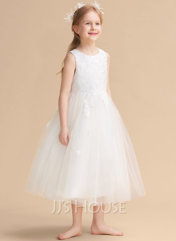 Photo 1 of A-Line Tea-length Flower Girl Dress - Satin/Tulle Sleeveless Scoop Neck With Bow(s) SIZE 7