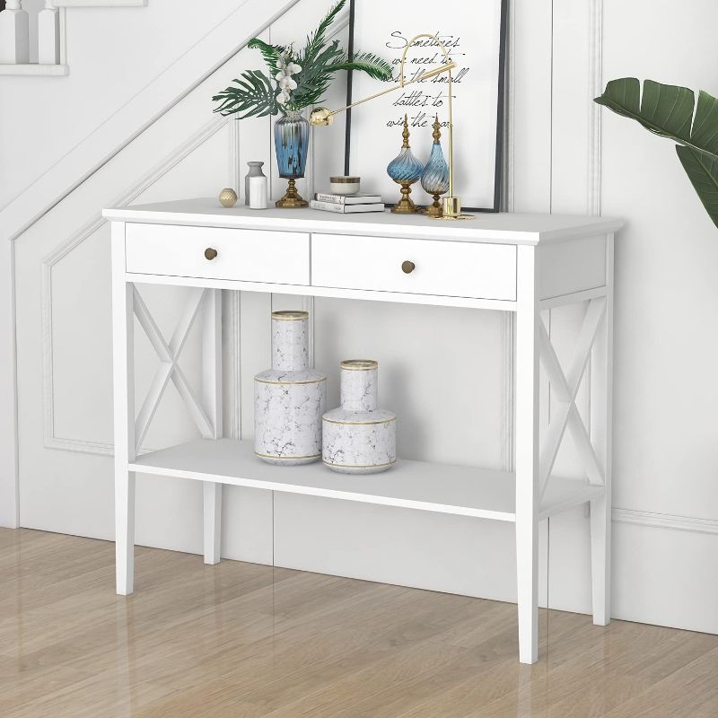 Photo 1 of ChooChoo Oxford Console Table with 2 Drawers, Sofa Table Narrow for Entryway, White
