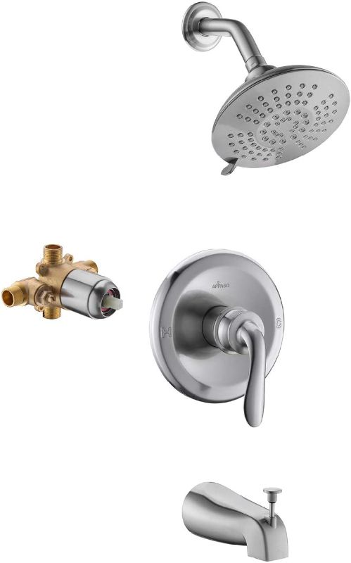 Photo 1 of APPASO Shower Faucet Set Brushed Nickel with Valve, Shower and Tub Trim Kit with 5-Function Spray Head, Single Handle Bathroom Rain Shower System Wall Mounted Rainfall Shower Combo Set
