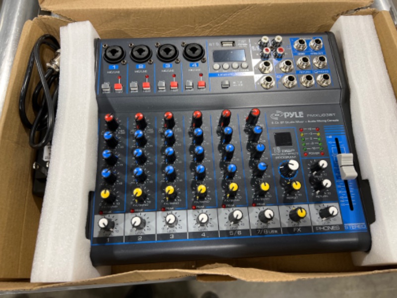 Photo 1 of Pyle Professional Audio Mixer Sound Board Console - Desk System Interface with 6 Channel, USB, Bluetooth, Digital MP3 Computer Input, 48V Phantom Power, FX16 Bit DSP- PMXU63BT , Black
