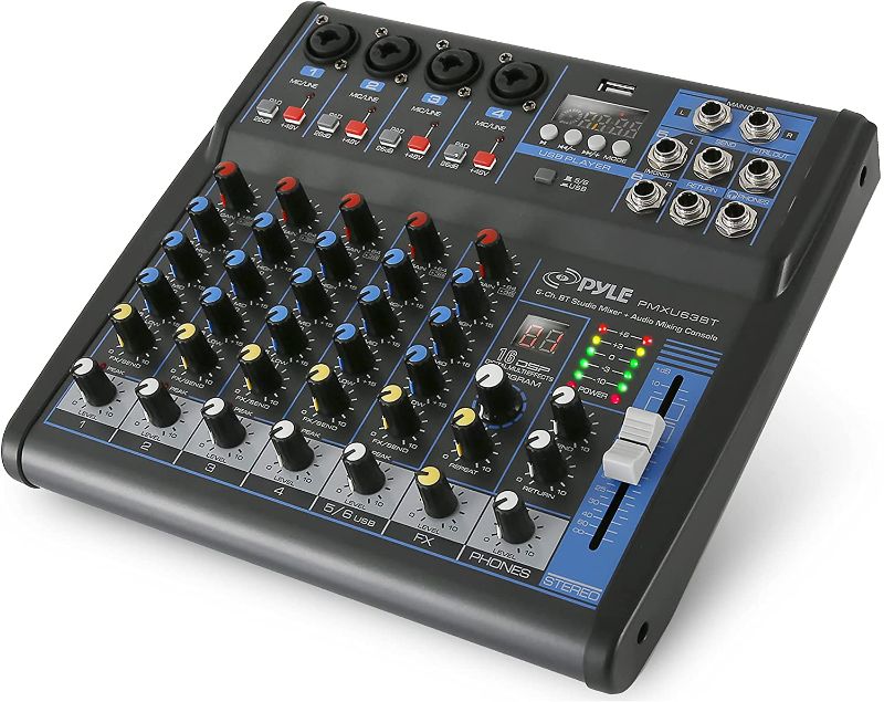 Photo 1 of Pyle Professional Audio Mixer Sound Board Console - Desk System Interface with 6 Channel, USB, Bluetooth, Digital MP3 Computer Input, 48V Phantom Power, FX16 Bit DSP- PMXU63BT , Black
