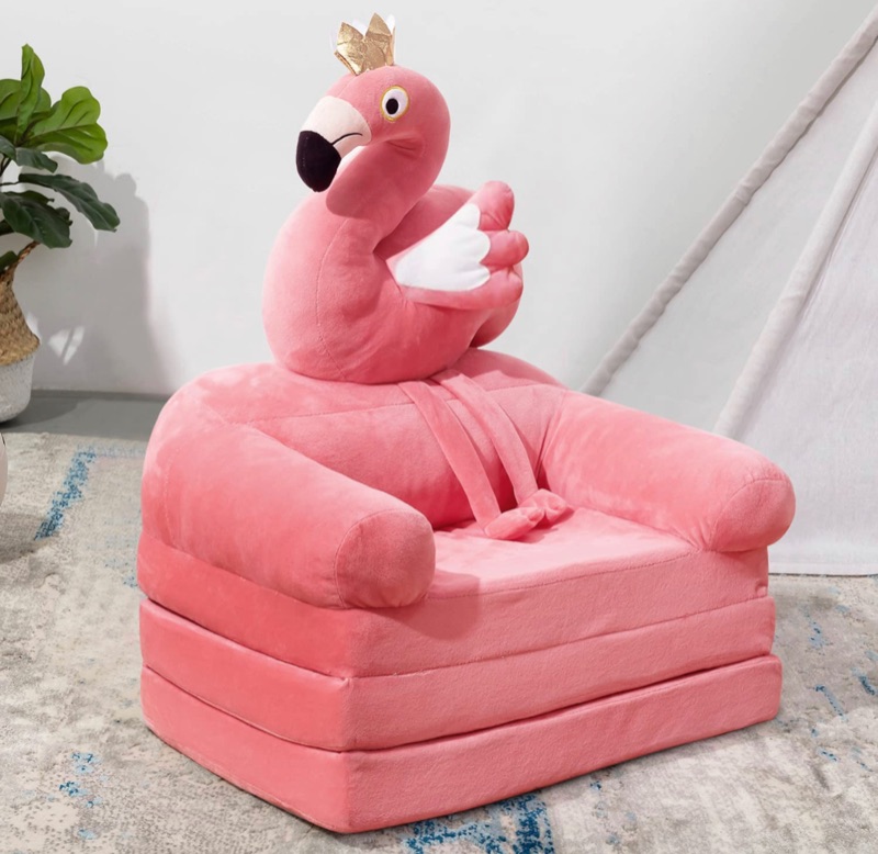 Photo 1 of HIGOGOGO Cartoon Foldable Kids Sofa, Plush Flamingo Shape Children Couch Backrest Armchair Bed with Pocket, Upholstered 2 in 1 Flip Open Infant Baby Seat for Living Room Bedroom, Pink