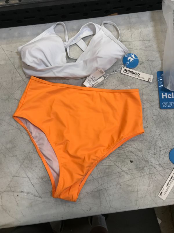 Photo 3 of Solid White Bikini With Orange High Waisted Bottom sz L 
