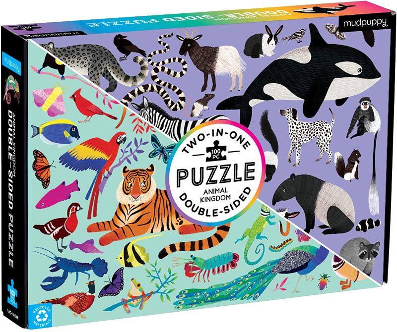 Photo 1 of Mudpuppy Animal Kingdom Double-Sided Puzzle, 100 Pieces, 22”x16.5” – Perfect Family Puzzle for Ages 6+ - With Colorful Animals on One Side, Black and White Animals on the Other– Two Puzzles in One Box