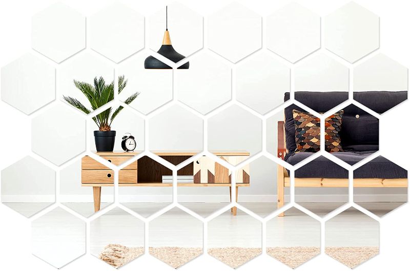 Photo 1 of 32 Pieces Removable Acrylic Mirror Setting Hexagon Wall Sticker Decal Honeycomb Mirror for Home Livin20g Room Bedroom Decor (12.6 x 11 x 6.3 cm)