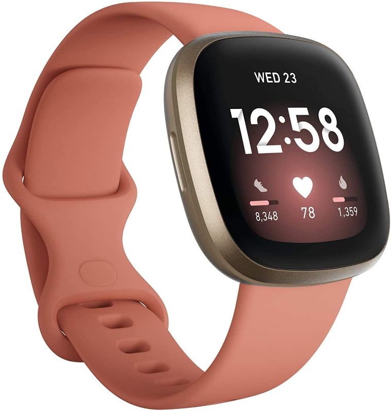 Photo 1 of Fitbit Versa 3 Health & Fitness Smartwatch W/ Bluetooth Calls/Texts, Fast Charging, GPS, Heart Rate SpO2, 6+ Days Battery (S & L Bands, 90 Day Premium Included) International Version (Pink/Gold)
